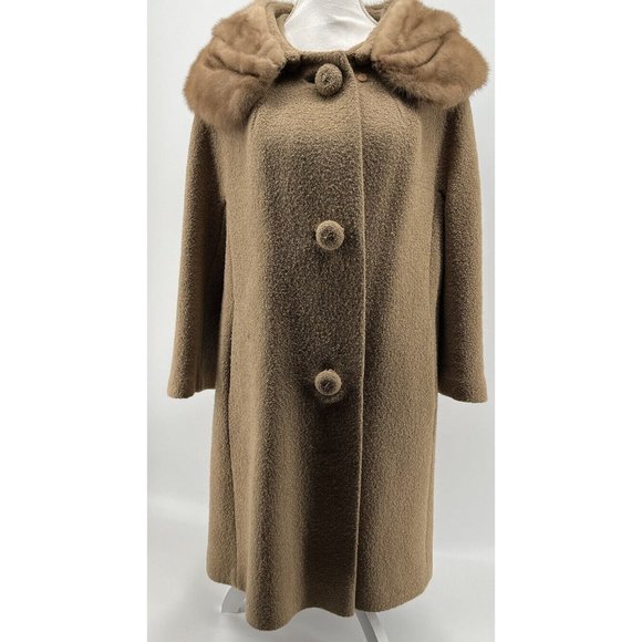 vintage USA union made 1960s jackie-o CURLY WOOL coat M Tan Brown overcoat SWING - Picture 1 of 16